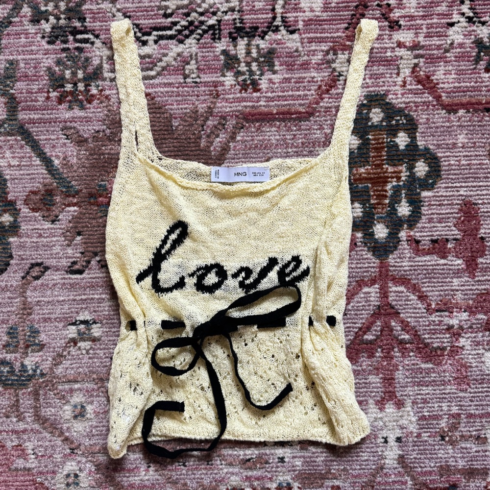 Mango ASOS Crewm Knit 'Love' Tank with Black Bow